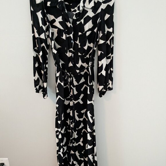 Zara Medium M Black white Patterned Shirt Dress Midi Maxi Dress 6 - Picture 5 of 8